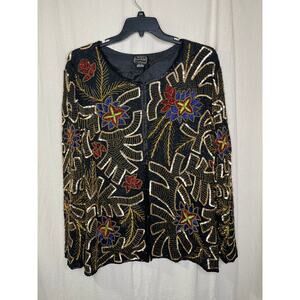 1980s Jean for Joseph Le Bon Silk Beaded Glam Regency Swiftie Glitz Cardigan XXL